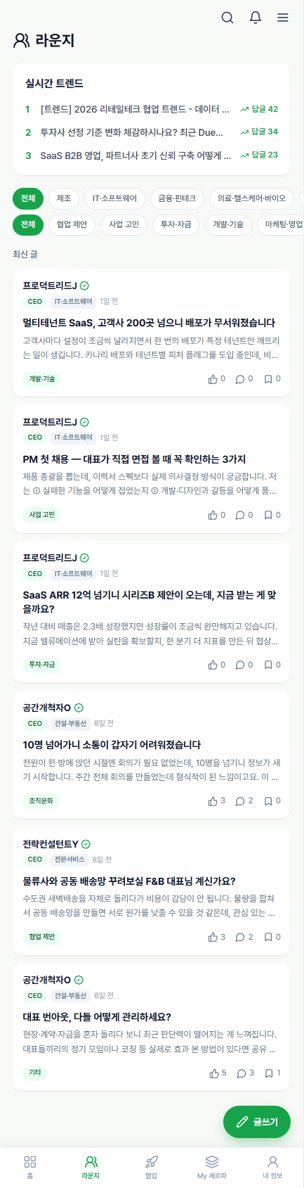 가명과 직책·업종만 표시된 글들이 사업 고민·투자자금·조직문화 등으로 분류된 뭉산 라운지 화면